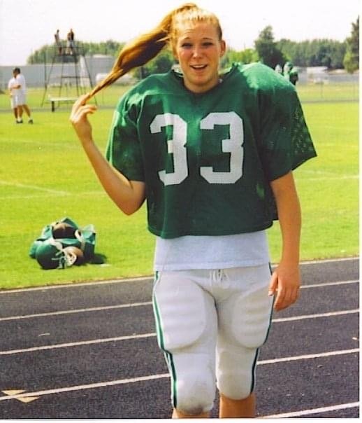 Amanda Taylor, former Amanda DeLafosse, is shown during a varsity football practice in the fall of 2006. Taylor is the first Katy ISD female football player to score points in a varsity game.